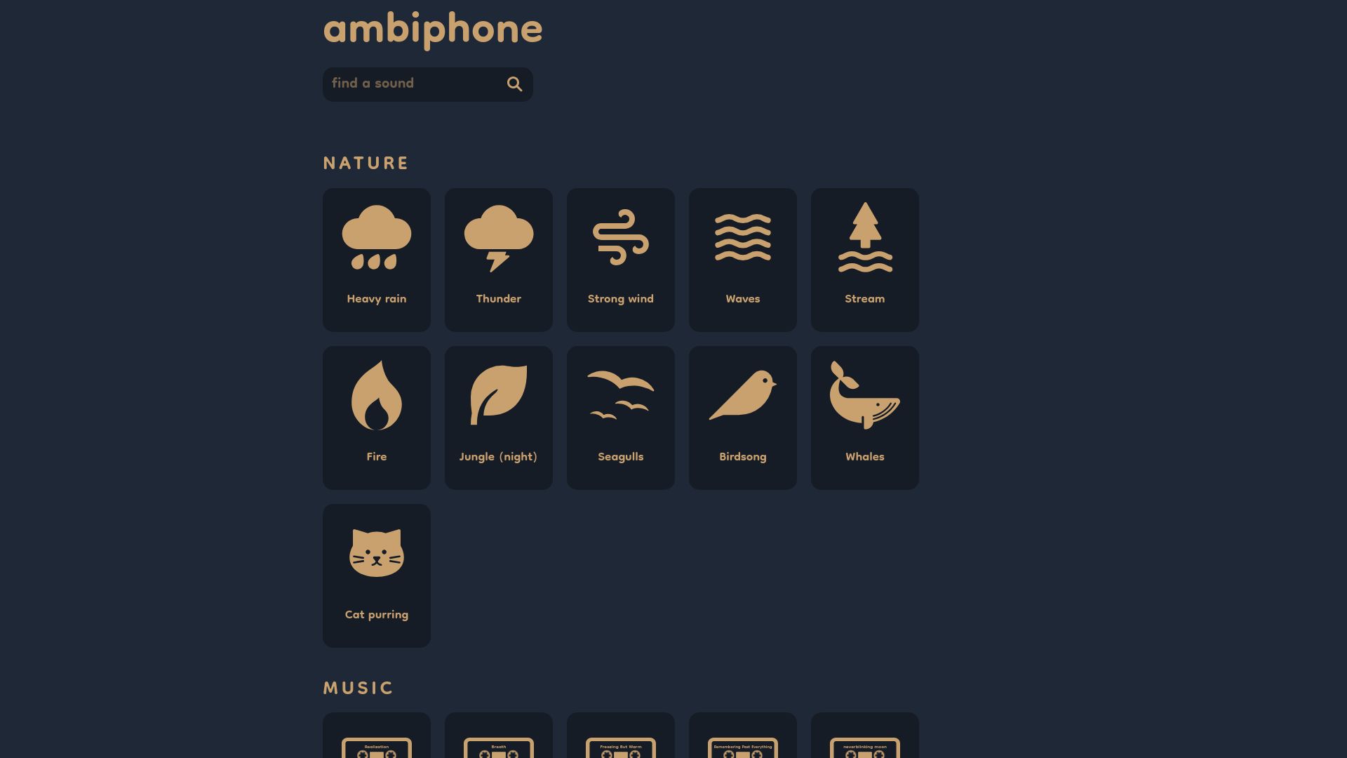 Screenshot of ambiph.one: Show HN: Ambiphone, no-nonsense ambient music and white noise
