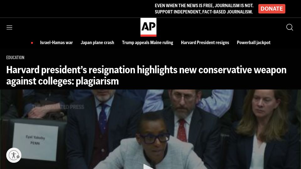 Screenshot of apnews.com: Gay's resignation features new conservative weapon against colleges: plagiarism
