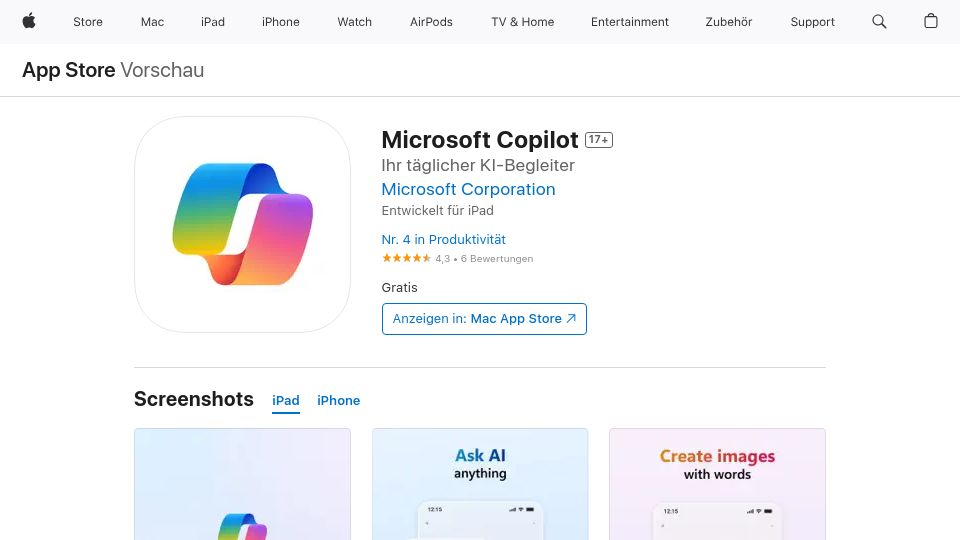 Screenshot of apps.apple.com: Microsoft Copilot iOS App