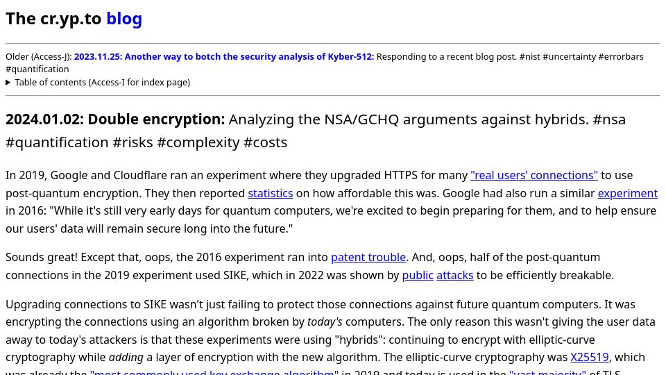 Screenshot of blog.cr.yp.to: Double encryption: Analyzing the NSA/GCHQ arguments against hybrids