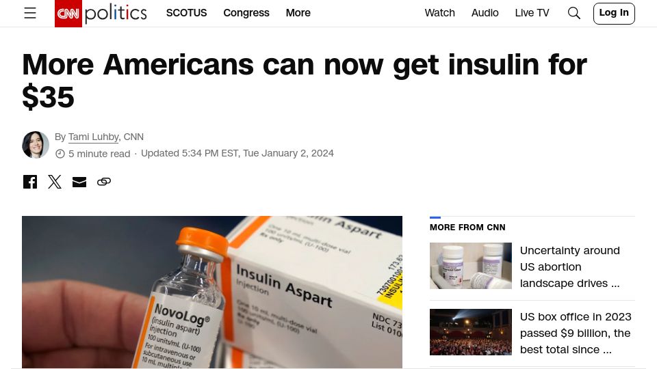 Screenshot of cnn.com: More Americans can now get insulin for $35