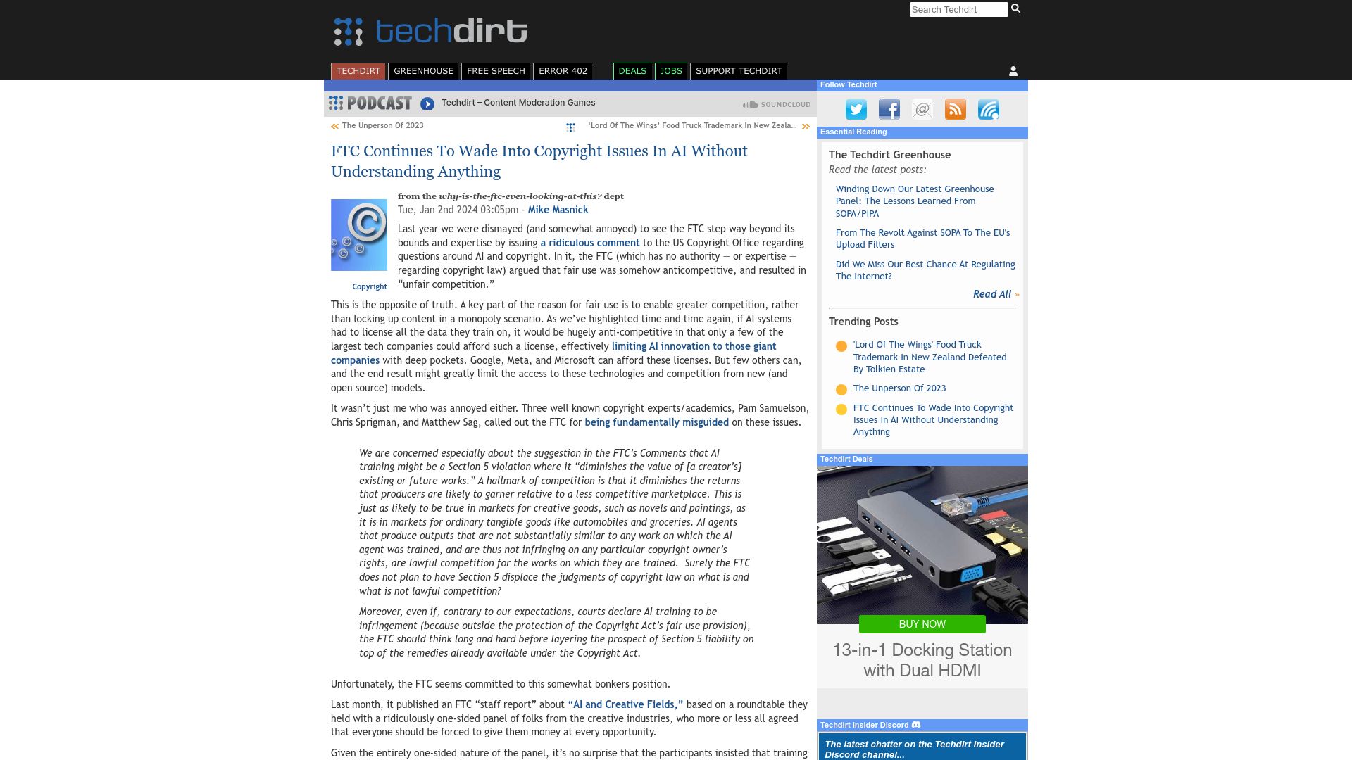 Screenshot of techdirt.com: FTC Continues to Wade into Copyright Issues in AI Without Understanding Anything
