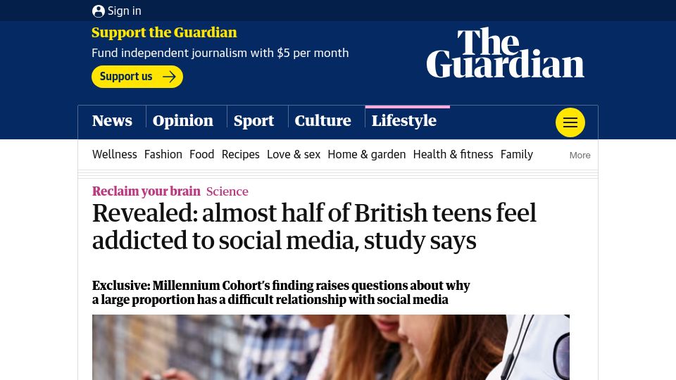 Screenshot of theguardian.com: Almost half of British teens feel addicted to social media – study