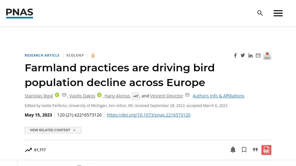 Screenshot of doi.org: Farmland practices are driving bird population decline across Europe (2023)