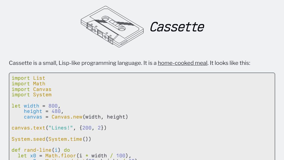 Screenshot of cassette-lang.com: Show HN: Cassette, a Personal Programming Language