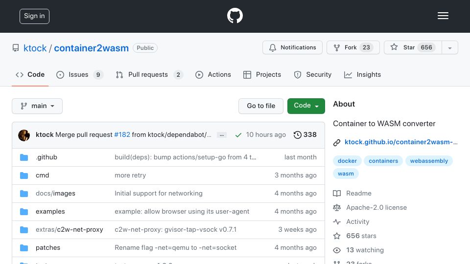 Screenshot of github.com: Container2wasm: Convert Containers to WASM Blobs