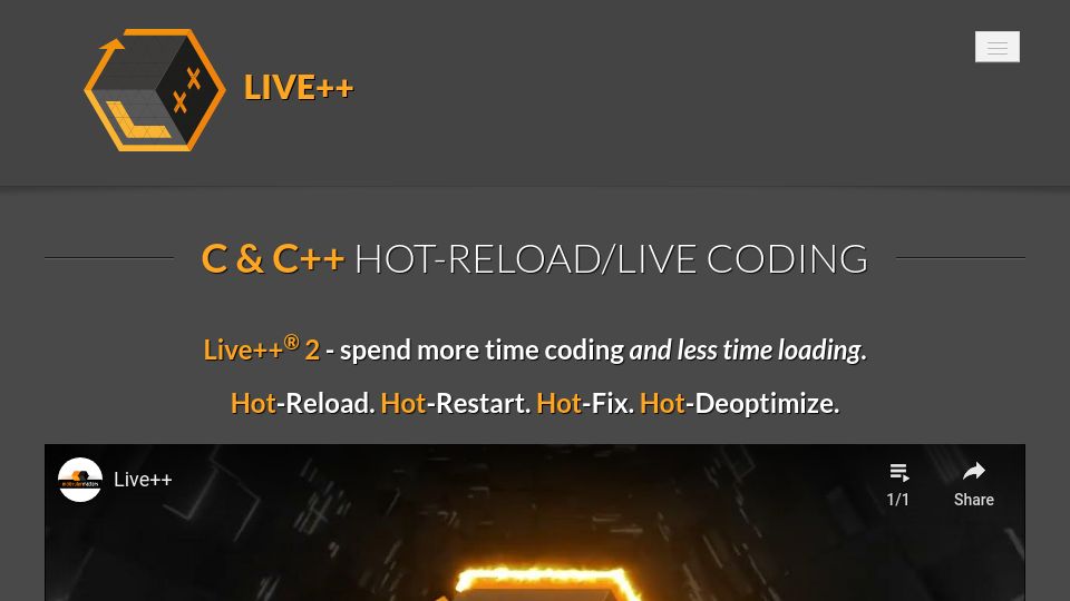 Screenshot of liveplusplus.tech: C and C++ Hot-Reload/Live Coding