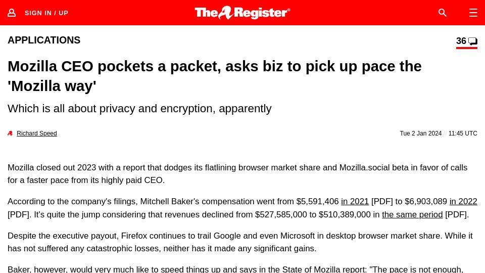 Screenshot of theregister.com: With revenue and users declining, Mozilla CEO gets a 20% raise