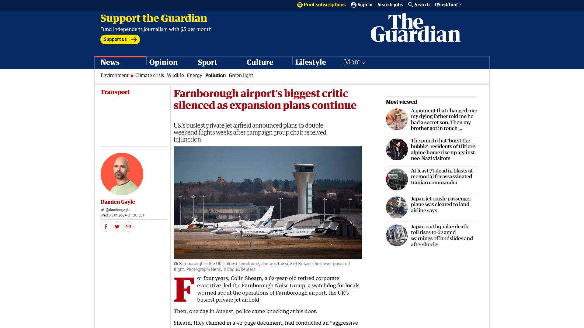 Screenshot of theguardian.com: Farnborough airport's biggest critic silenced as expansion plans continue