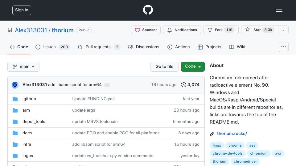 Screenshot of github.com: Thorium – Radioactive Chromium Fork