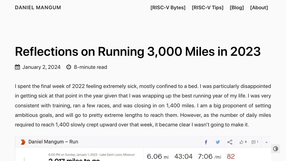 Screenshot of danielmangum.com: Reflections on Running 3k Miles in 2023
