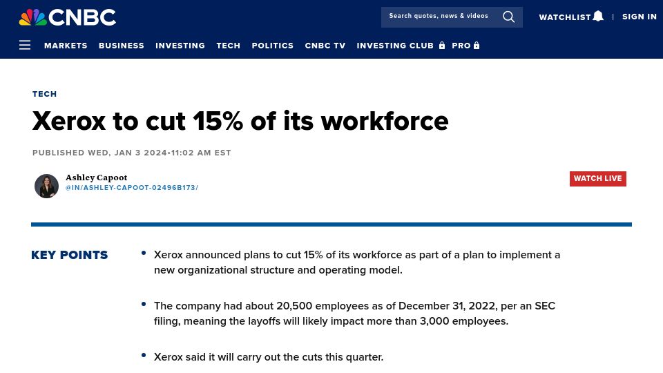 Screenshot of cnbc.com: Xerox to cut 15% of its workforce
