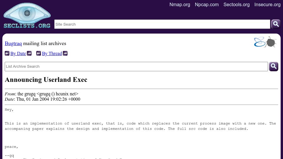 Screenshot of seclists.org: Bugtraq: Userland Exec (2004)