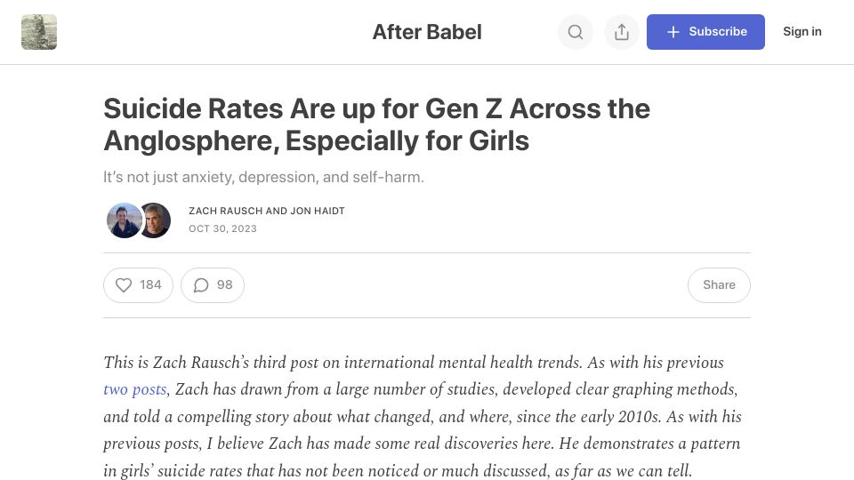 Screenshot of afterbabel.com: Suicide Rates Are Up for Gen Z Across the Anglosphere, Especially for Girls