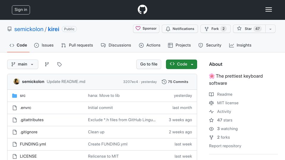 Screenshot of github.com: Kirei is a work-in-progress keyboard library written in Zig