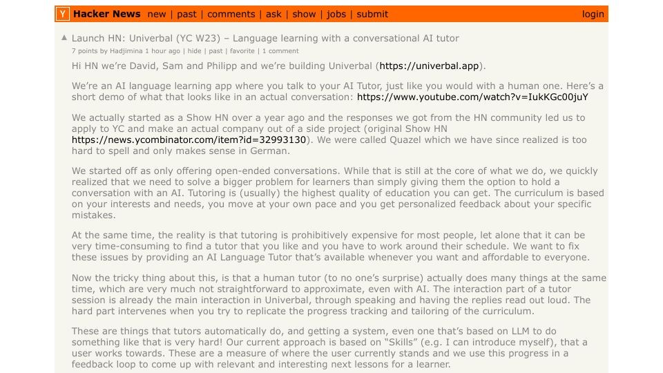 Screenshot of Hacker News post: Launch HN: Univerbal (YC W23) – Language learning with a conversational AI tutor