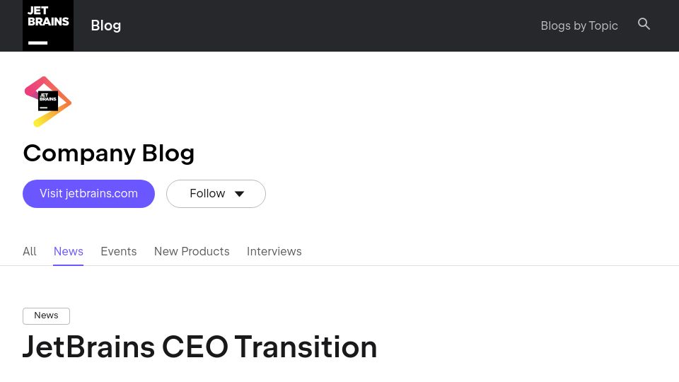 Screenshot of blog.jetbrains.com: JetBrains CEO Transition