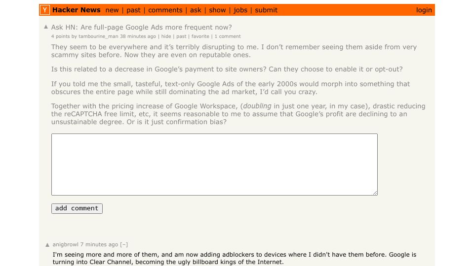Screenshot of Hacker News post: Ask HN: Are full-page Google Ads more frequent now?