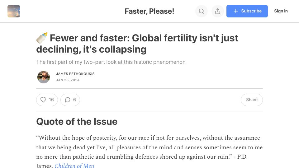 Screenshot of fasterplease.substack.com: Global fertility isn't just declining, it's collapsing