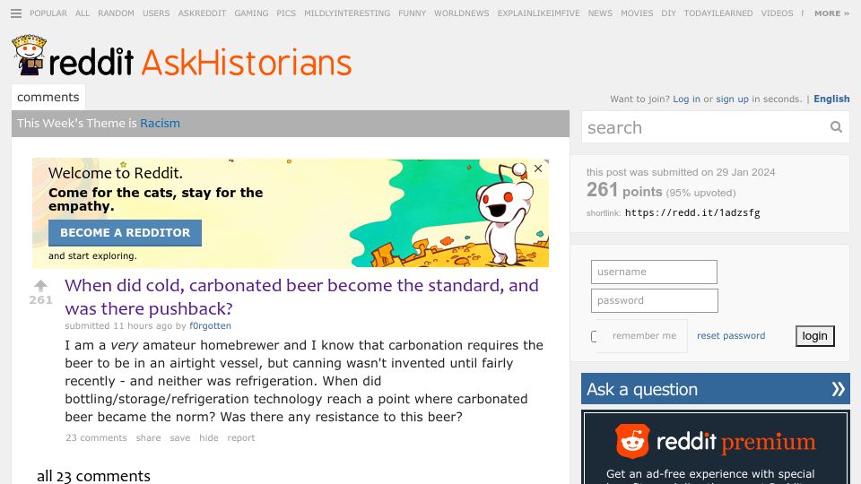 Screenshot of old.reddit.com: When did cold, carbonated beer become the standard, and was there pushback?