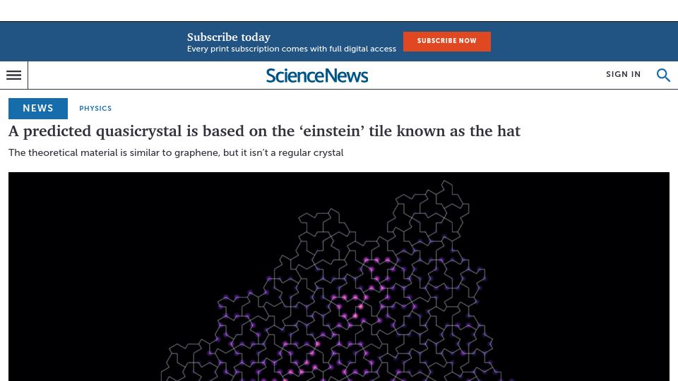 Screenshot of sciencenews.org: A predicted quasicrystal is based on the 'einstein' tile known as the hat