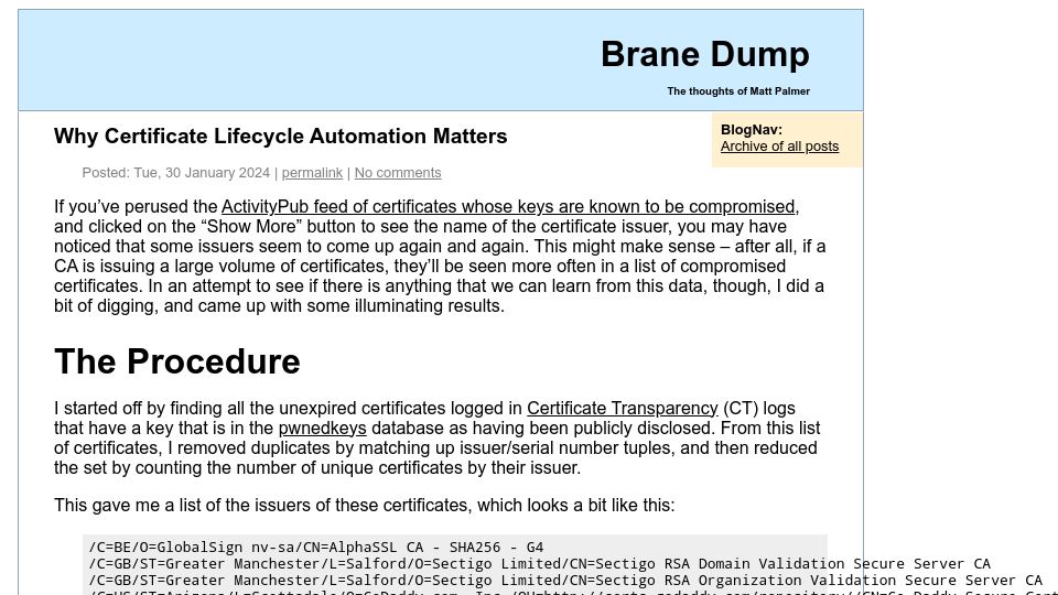 Screenshot of hezmatt.org: Why Certificate Lifecycle Automation Matters