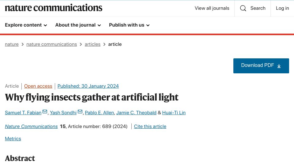 Screenshot of nature.com: Why flying insects gather at artificial light