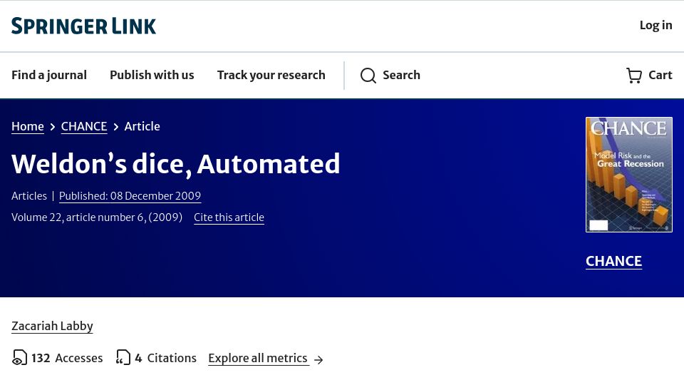 Screenshot of link.springer.com: Weldon's Dice, Automated (2009) [pdf]