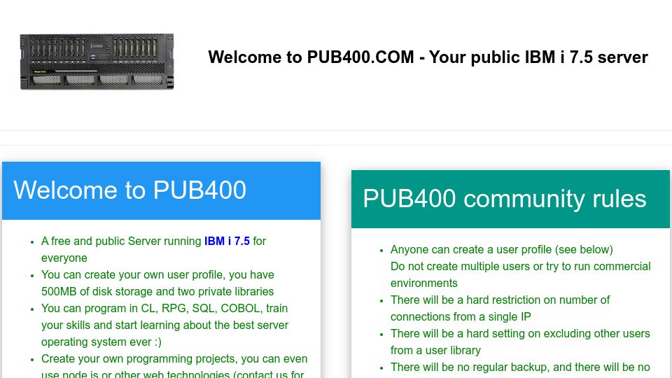 Screenshot of pub400.com: Pub400.com – Your public IBM I 7.5 server