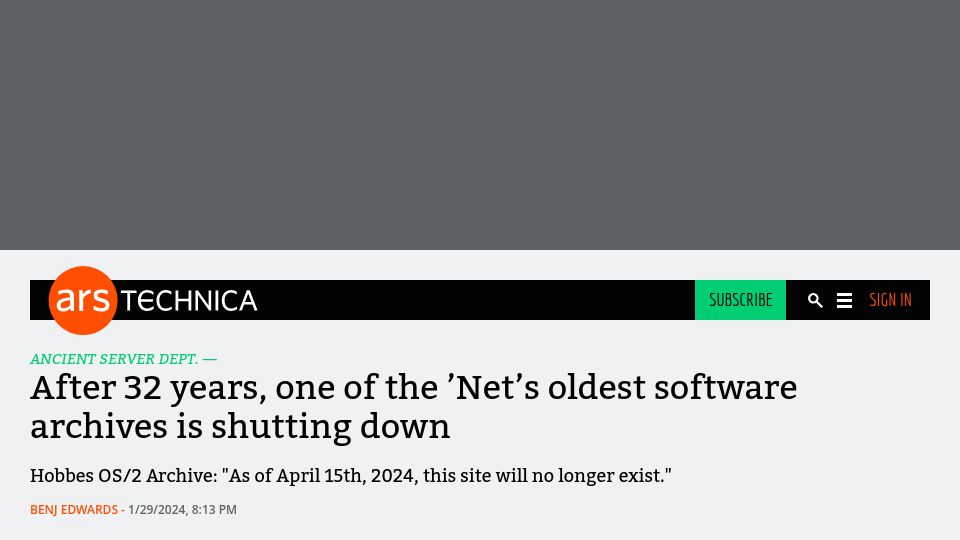 Screenshot of arstechnica.com: Hobbes OS/2 Archive is shutting down