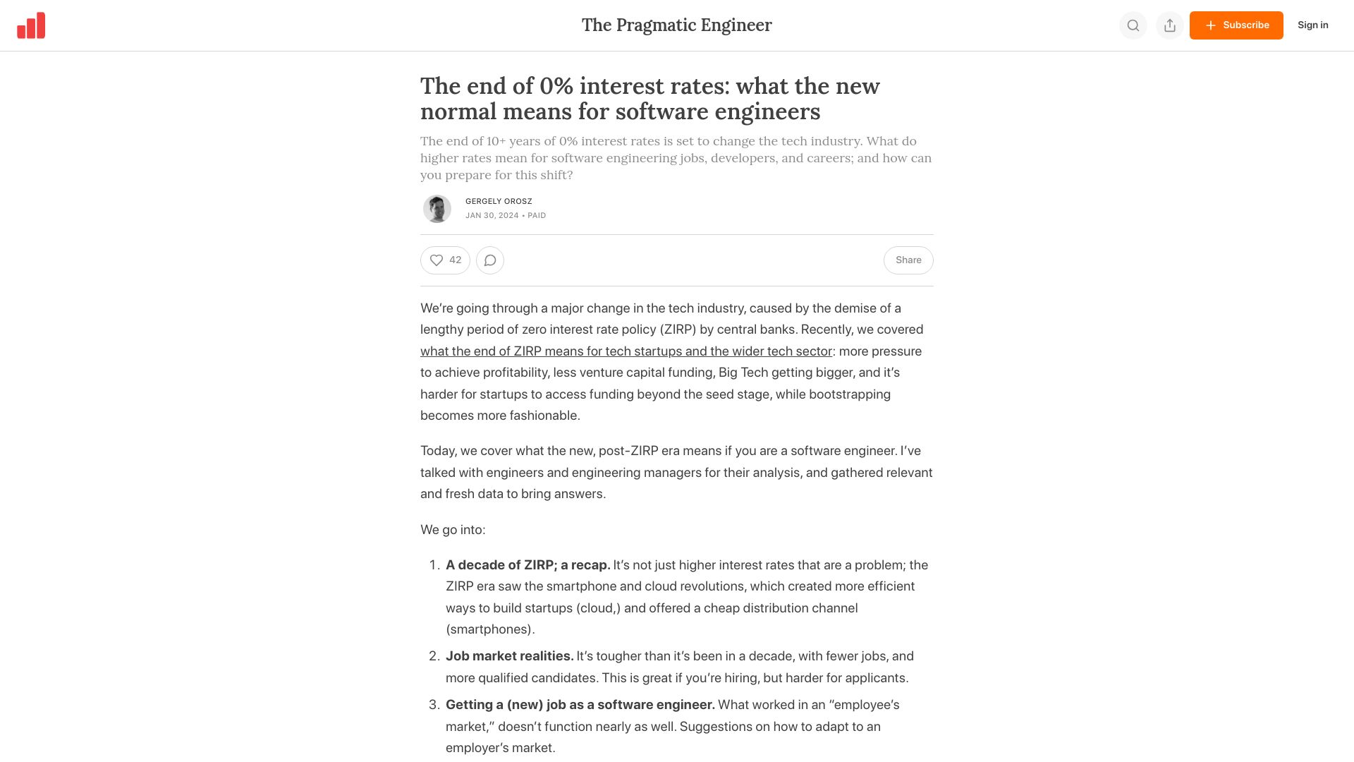 Screenshot of newsletter.pragmaticengineer.com: What the The end of 0% interest rates means for software engineers