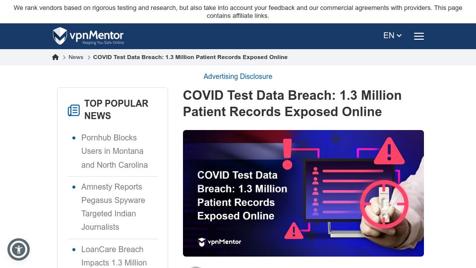 Screenshot of vpnmentor.com: Covid Test Data Breach: 1.3M Patient Records Exposed Online