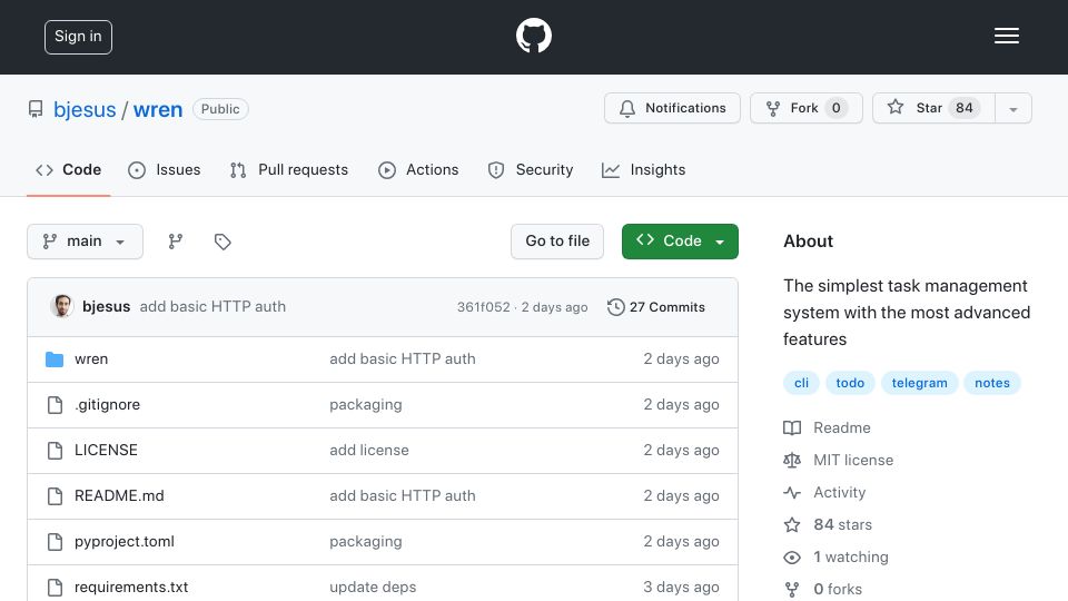 Screenshot of github.com: Show HN: Wren – simple yet extensible task management with CLI, Telegram, HTTP