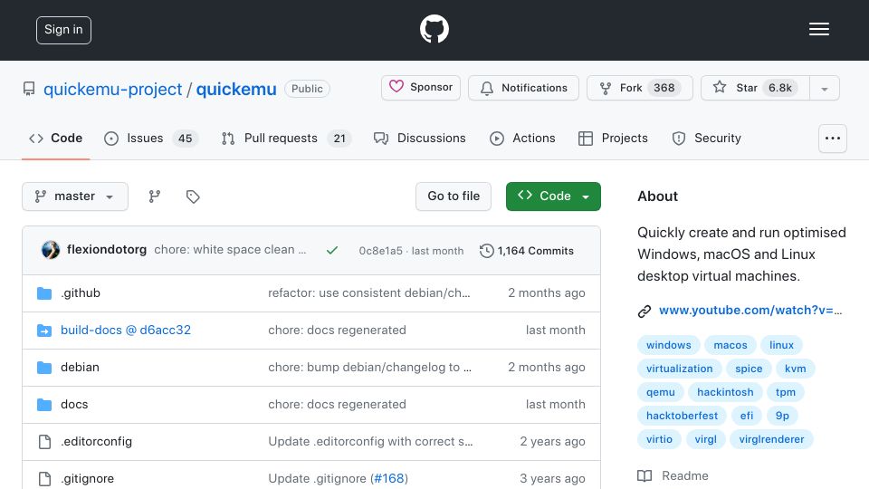 Screenshot of github.com: Quickemu: Quickly run optimised Windows, macOS and Linux virtual machines