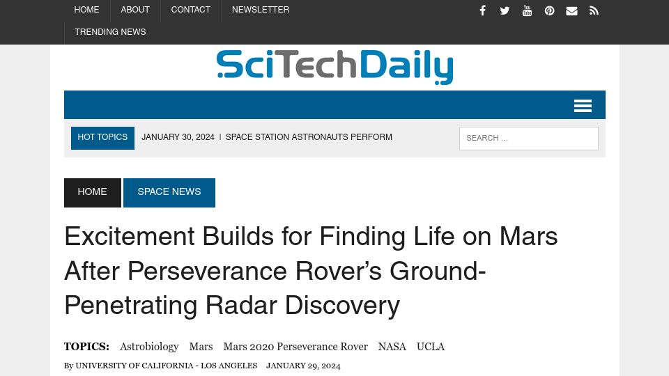Screenshot of scitechdaily.com: Hopes for Finding Mars Life After Rover's Ground-Penetrating Radar Discovery