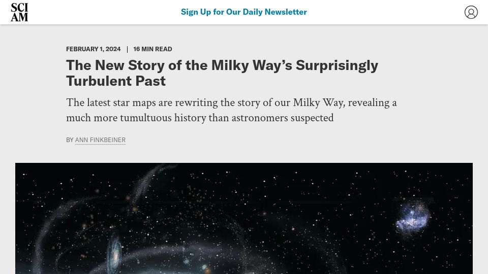 Screenshot of scientificamerican.com: The New Story of the Milky Way's Surprisingly Turbulent Past