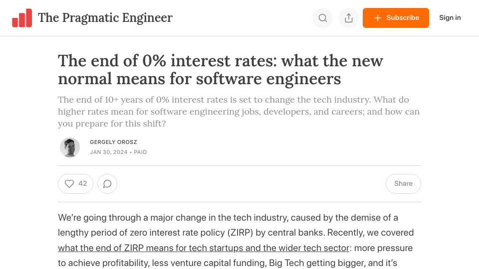 Screenshot of newsletter.pragmaticengineer.com: What the The end of 0% interest rates means for software engineers