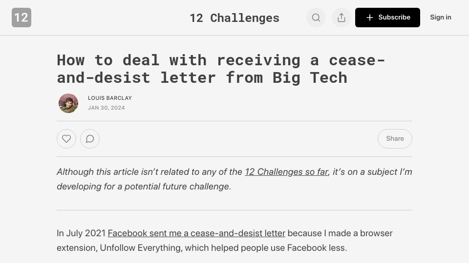 Screenshot of 12challenges.substack.com: How to deal with receiving a cease-and-desist letter from Big Tech