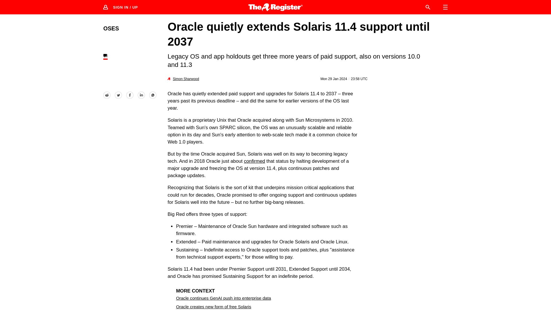 Screenshot of theregister.com: Oracle extends Solaris 11.4 support until 2037
