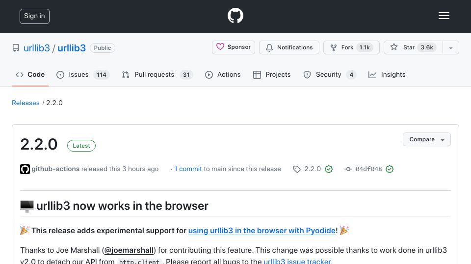 Screenshot of github.com: Python HTTP library 'urllib3' now works in the browser