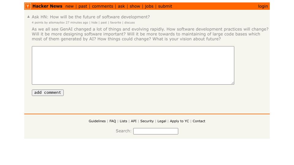 Screenshot of Hacker News post: Ask HN: How will be the future of software development?