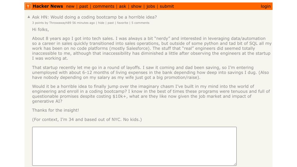 Screenshot of Hacker News post: Ask HN: Would doing a coding bootcamp be a horrible idea?