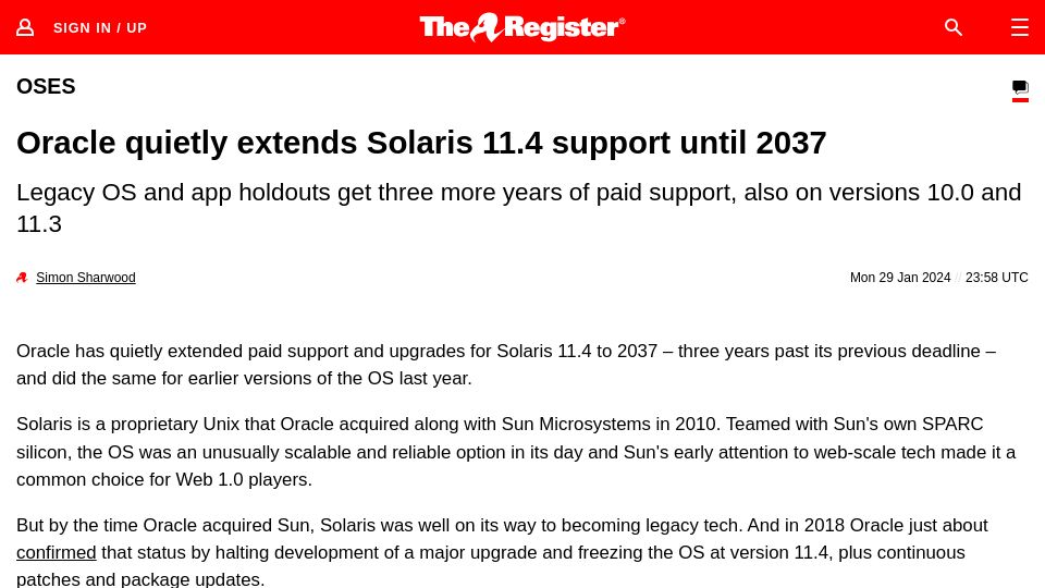 Screenshot of theregister.com: Oracle extends Solaris 11.4 support until 2037