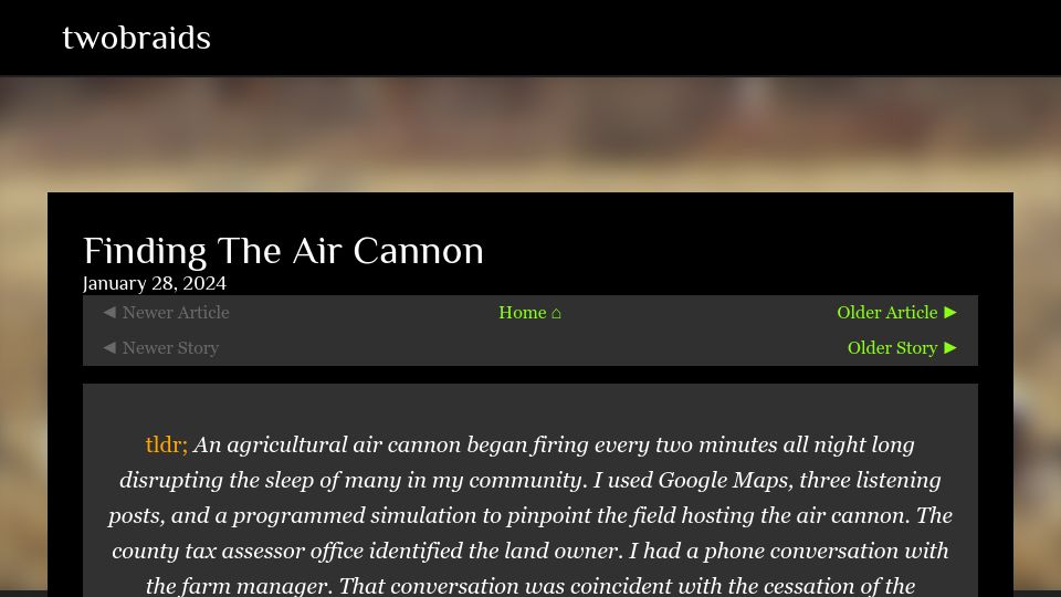 Screenshot of twobraids.com: Finding the Air Cannon