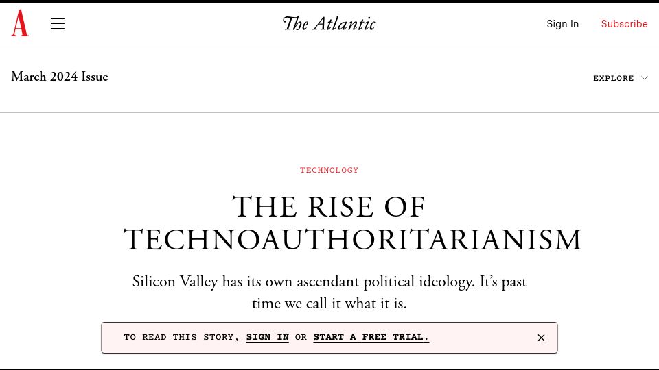 Screenshot of theatlantic.com: The Rise of Technoauthoritarianism