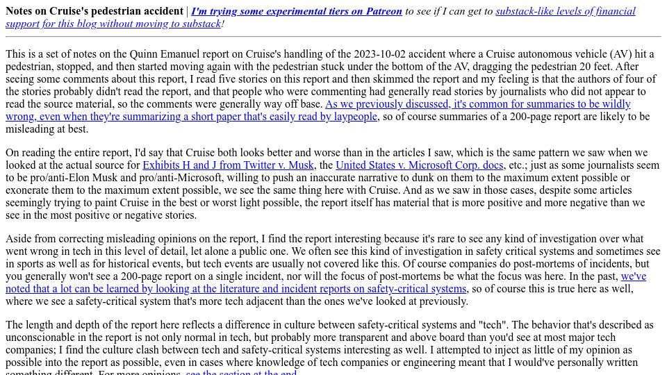 Screenshot of danluu.com: Notes on Cruise's Pedestrian Accident