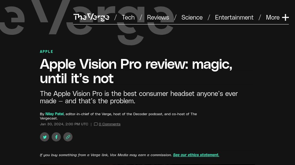 Screenshot of theverge.com: Apple Vision Pro review: magic, until it's not