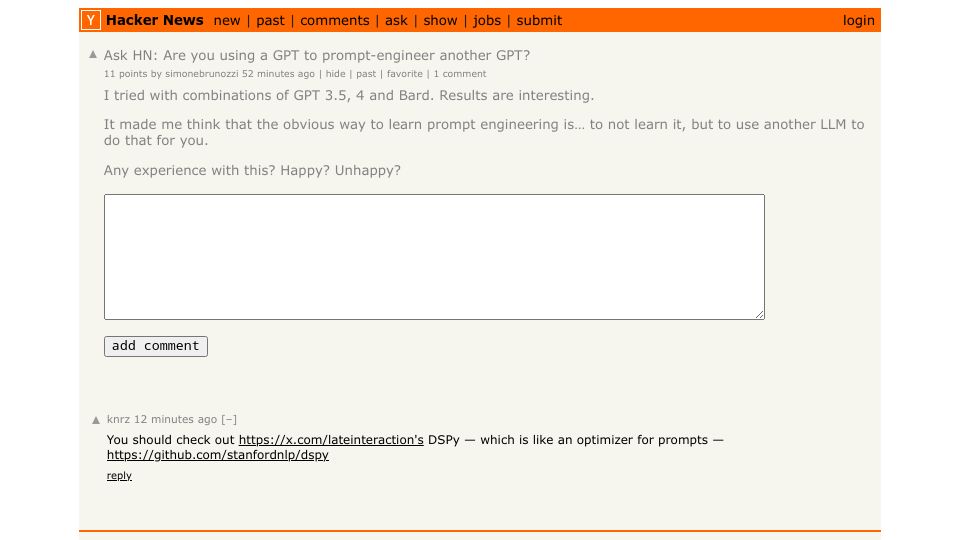Screenshot of Hacker News post: Ask HN: Are you using a GPT to prompt-engineer another GPT?