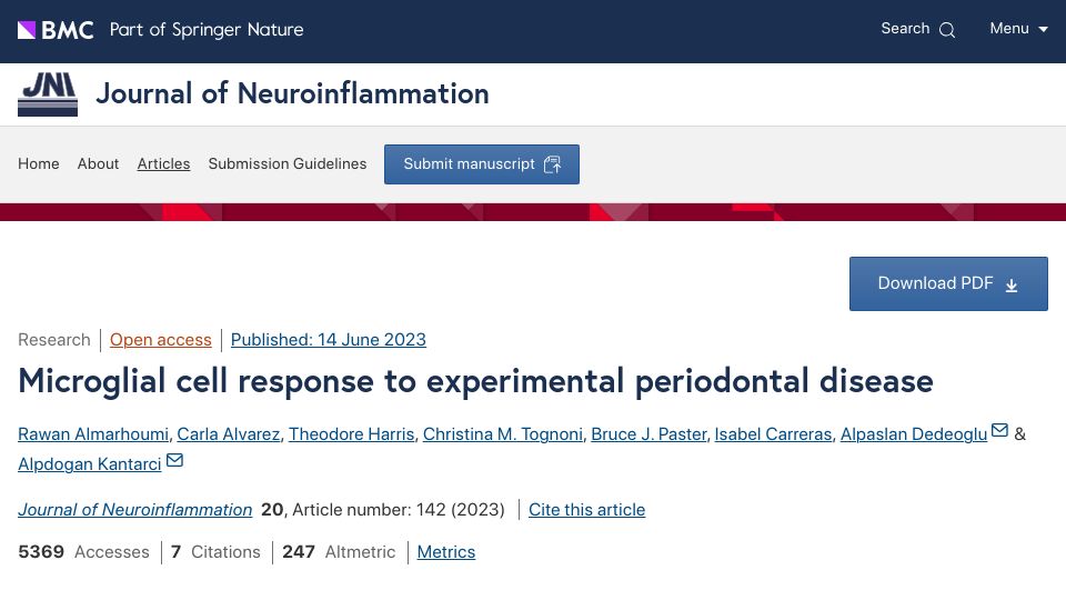 Screenshot of jneuroinflammation.biomedcentral.com: Periodontal Disease Promotes Alzheimer's in Mice