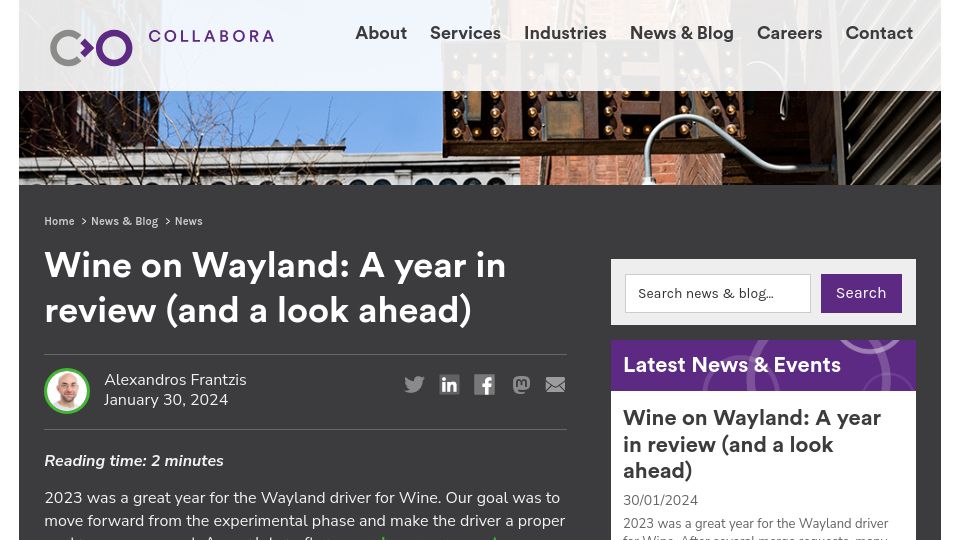 Screenshot of collabora.com: Wine on Wayland: A year in review (and a look ahead)